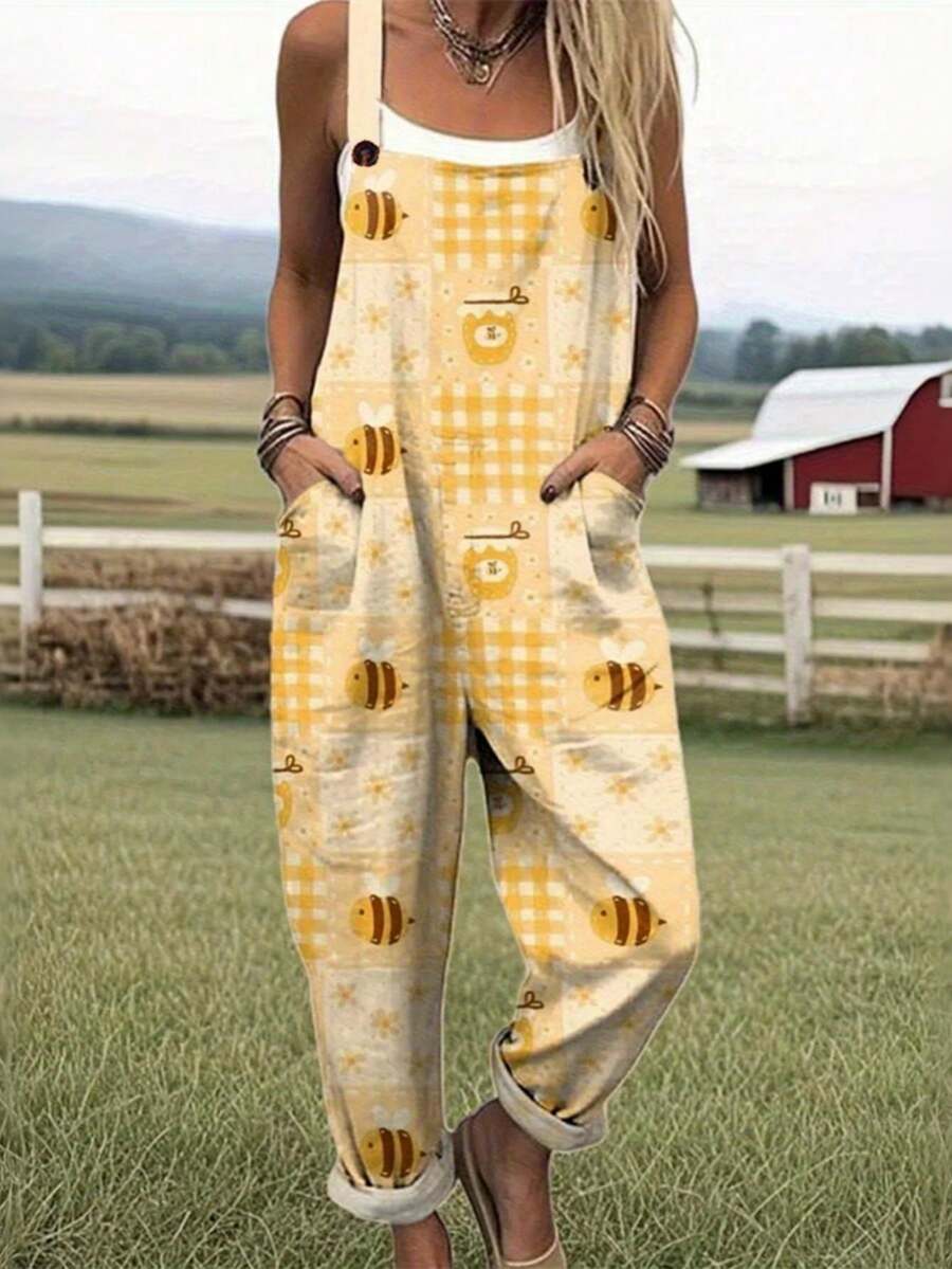 Plaid Collage Bee Print Women's Adjustable Strap Overalls, Polyester Fabric, Lightweight & Breathable, Women's Clothing, Regular Women's Clothing, Women's Jumpsuits & Rompers, Women's Jumpsuit, Women's Plus Size Jumpsuit - 彩色 - 查看 1