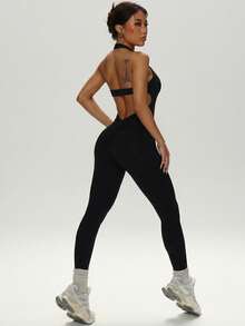 1pc Women's Jumpsuit, Spring/Summer Sports Bodysuit, One-Piece Outfit, Yoga/Fitness/Dance Wear, Removable Cup, Sexy Open Back, Shaping Waist & Abdomen, Soft & Comfortable Fabric, Suitable For Sports, Outdoor, Yoga, Gym, Dance, Casual, Home, Party & Holiday - Black - View 2