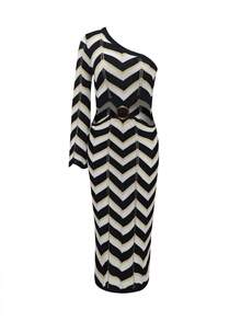 Women's Asymmetric Single Sleeve Sexy Waist Cutout Ruffle Hem Dress Vacation - Multicolor - View 7