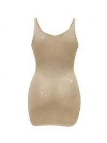 Sultry Sol Plus Size Women's Summer Beach Vacation Solid Color Minimalist Everyday Shiny Pleated Spaghetti Strap Crochet Cover-Up Dress - Khaki - View 8