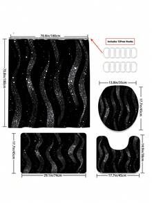 1/3/4 Sets Black & Gold Glitter Wavy Bathroom Shower Curtain Set; Luxury Design, Waterproof & Durable, Suitable For Bathroom Decor & Accessories. Size: 71"X71", Includes 12 Hooks, Toilet Seat Cover, Bath Mat & Rug, Great For Holiday Decor, Room Decor, Housewarming, Bathroom Curtain, Bathroom Set, Travel Essentials, Back To School/Graduation/Mother's Day Gift - Black and Gold Glitter - View 15
