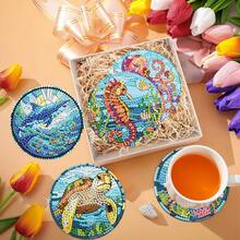 8件套海洋动物钻石画杯垫套装，圆形亮面钻石，强力背胶，工具齐全，适合初学者，减压手工，新年、情人节、圣诞节、教师节礼物，家居装饰桌面杯垫，送给家人、朋友、老师 - 彩色 - 查看 5