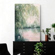 Con marco 1 pieza de Enmarcado de Árbol de Sauce Rústico Moderno - Pared de Sauce Verde y Flores Blancas, Marco Envolvente de de Pino, Listo para Colgar para Sala de Estar, Dormitorio, Decoración de Oficina - Decoración de Pared de Escena Boscosa de Temática Natural Minimalista, 2D Plano - Enmarcado - Ver 2