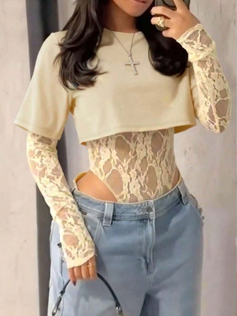 corta de mujer de encaje transparente de manga corta, body sexy de unicolor con parches de encaje transparente para uso diario, citas, fiestas de solteros, actuaciones en el escenario, elegante para primavera/verano en color negro - Albaricoque - Ver 1