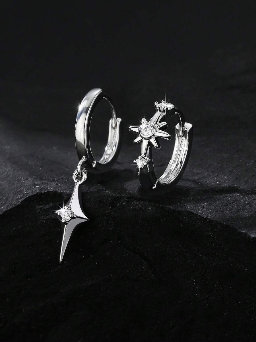 1 Pair Unique Asymmetric Star Hoop Earrings. Can Be Worn Alone Or Stacked, Minimalist Fashionable Geometric Unisex Earrings Suitable For Holidays, Parties, Travel And Daily Wear - Silver - View 1