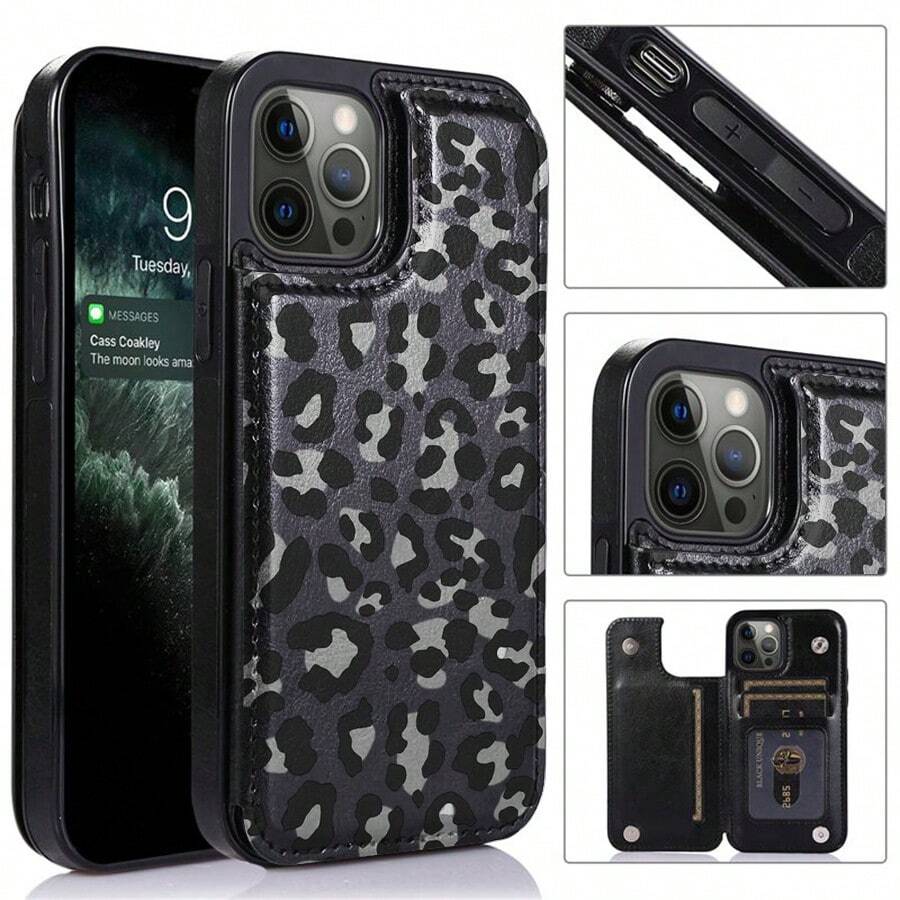 Una funda para iPhone 16 con estampado Patrón piel leopardo blanco negro, con diseño de múltiples ranuras y función de cartera, y cierre magnético de gran potencia | Acabado artesanal con textura de cuero, diseño unisex, ideal para el uso diario y como regalo - Negro - Ver 1
