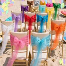 16 Pcs Romantic Wedding Chair Sashes Long Tulle Chair Bows Decoration Wedding Aisle Ceremony Decoration Banquet Church Party Restaurant Outdoor Decoration - Champagne - View 6