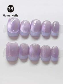 Elegant Nude Ballet Press On Nails - Short Length, French Manicure Style With Silver Stripe And Shimmer, Handmade Cat Eye Design, 10pcs Glossy Fake Nails Set With Detachable Adhesive - Mauve Purple - View 2