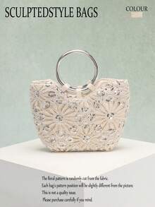 1pc Beige Hollow Crochet Floral Pattern Sequin Patchwork Women's Tote Bag, Metallic Silver Round Handle Handbag, Suitable For Summer, Countryside Style And Beach Vacation (Floral Sequin Pattern Randomly Distributed) - Beige - View 9