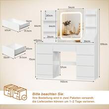 Devoko Vanity Unit With LED Lighting, 3-Stage Brightness Control, Vanity Unit With Adjustable Mirror, 7 Drawers And Open Shelves, Modern Wooden Dressing Table For The Bedroom, Stylish Contemporary Design, Stepless Dimming, White/Pink/Black - 查看 7