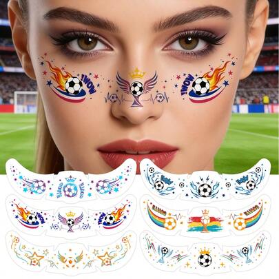 6 Sheets 2026 World Cup Soccer Temporary Eye Tattoos, Colorful Football Freckle Face Tattoos Stickers, Star Flame Crown Trophy Sport Face Decals For Women Game Day Fan Party World Cup Match Makeup Accessories