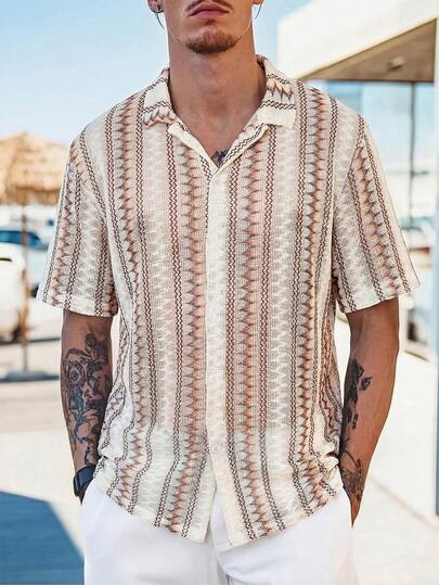 Men's Casual Fashion Daily Versatile Hawaiian Beach Resort Style Crochet Textured Short Sleeve Shirt, Summer