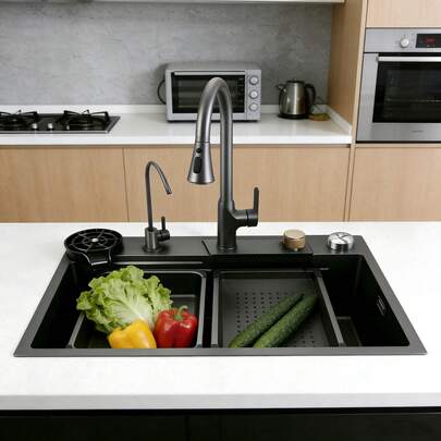 Para Pia Cozinha Gourmet Aço Inox Com Torneira Flexível 360 graus giratória 80x45x23cm