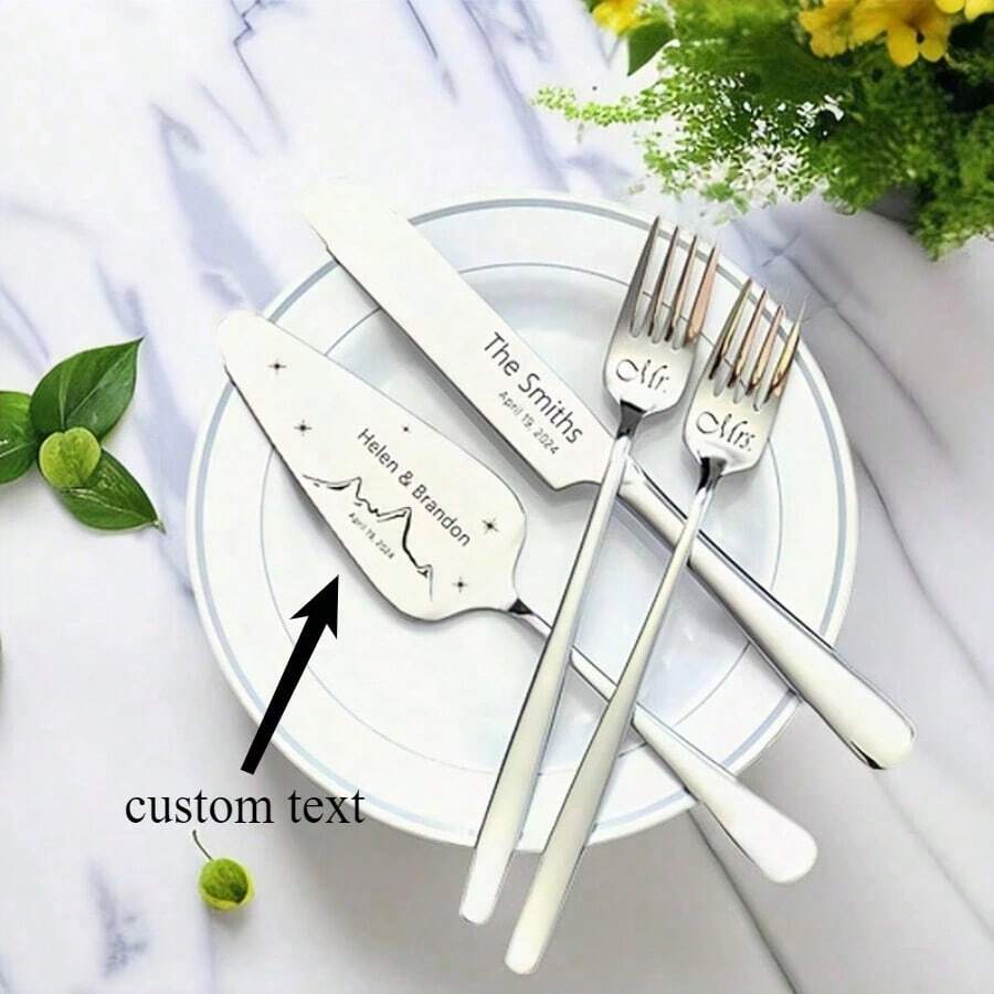 4件組個性化不鏽鋼雕刻蛋糕刀具組,客製化婚禮蛋糕切割工具,抹刀、披薩與起司切片器,烘焙工具,餐具套組,切割套組,送給朋友、家人、辦公室、週年紀念、喬遷之禮 - 彩色 - 查看 1