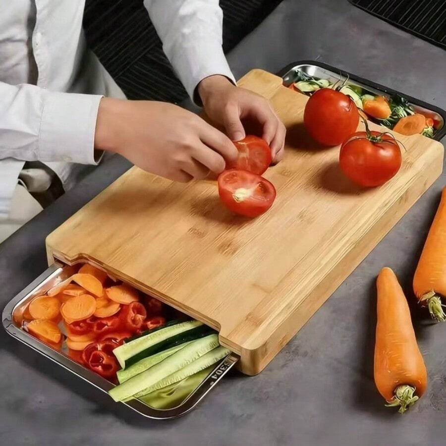 3Pcs Thickened Bamboo Chopping Board With Sliding Tray And Storage Drawer, Versatile Kitchen Cutting Board With Serving Plates For Home Cooking - 3Pcs Package - View 1