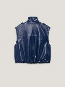Women's Spring & Summer Street Biker Style Royal Blue Faux Leather Sleeveless Vest - Navy Blue - View 2