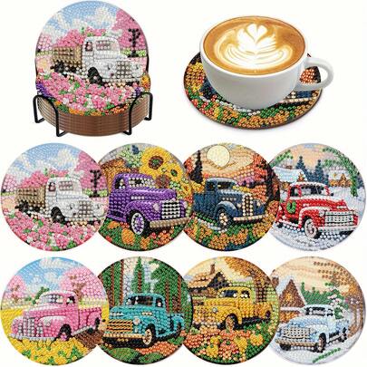 8件套卡车DIY钻石画杯垫套装，圆形亮面钻石，强力背胶，工具齐全，适合初学者，减压手工，新年、情人节、圣诞节、教师节礼物，家居装饰杯垫，送给家人、朋友、女朋友、老师