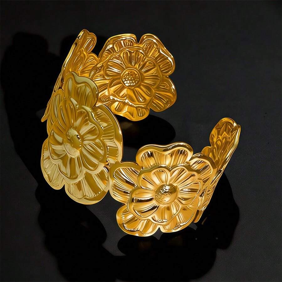 1件 时尚夸张花卉开口手镯,不锈钢金色梅花、山茶花、玫瑰造型独特大号手镯 - 茶花 - 查看 1