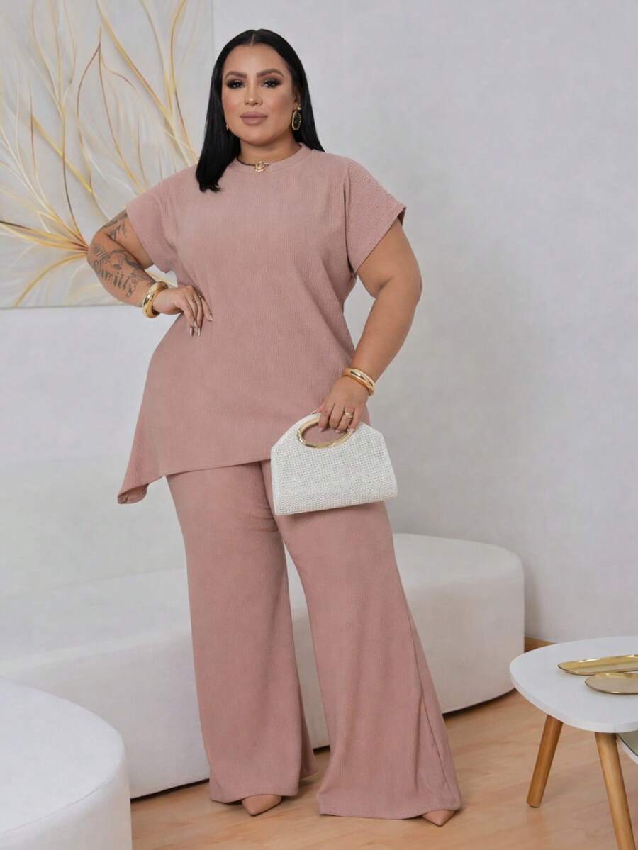 Women's Plus Size Elegant Asymmetrical Set In Premium Ribbed Anarruga Fabric, Short Sleeves, Wide-Leg Pants, Modern Look - Nude - View 1