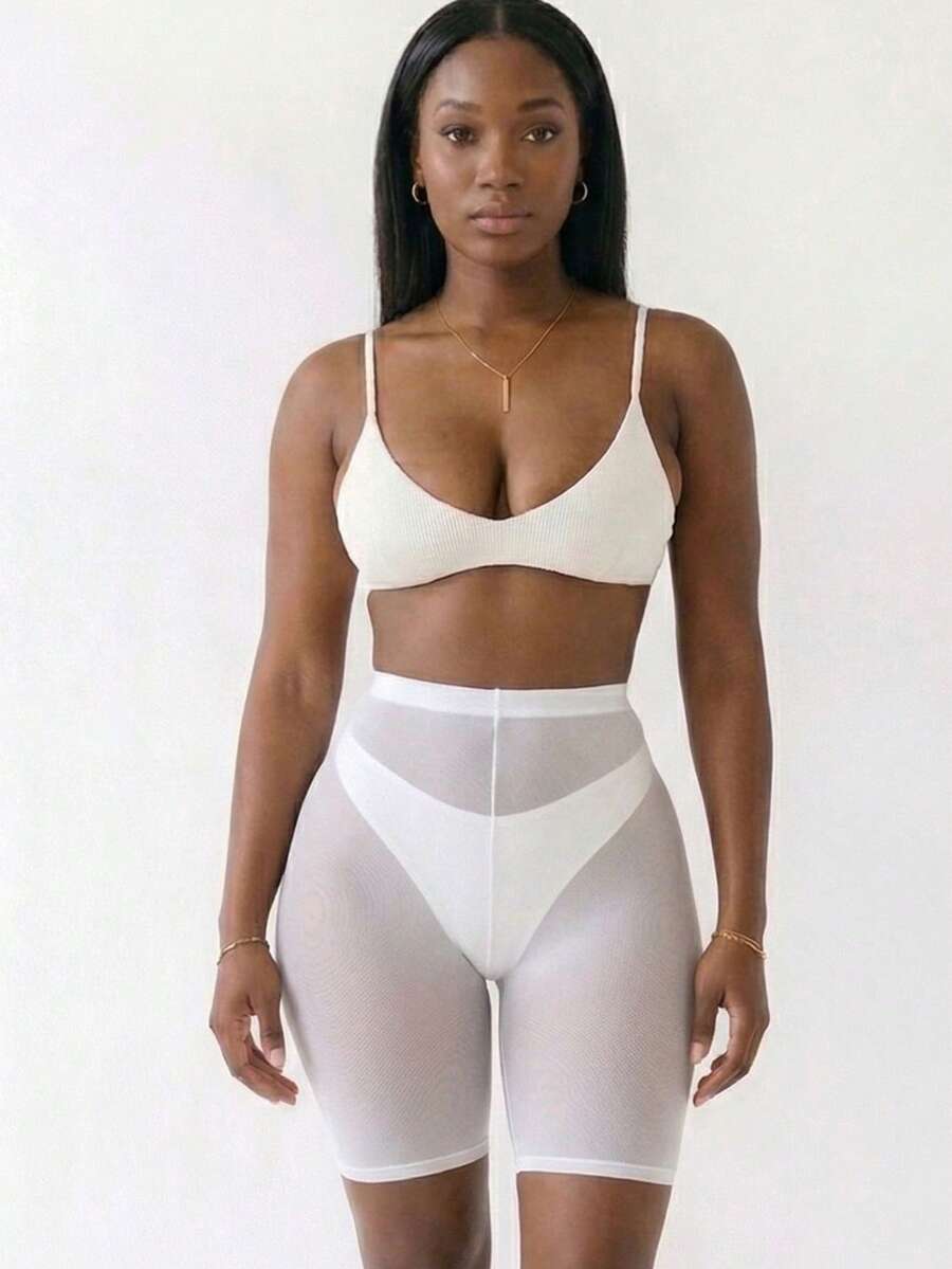Women's Solid Color Mesh Biker Shorts For Summer, Sexy Casual Beach Cover Up Pants - 白色 - 查看 1