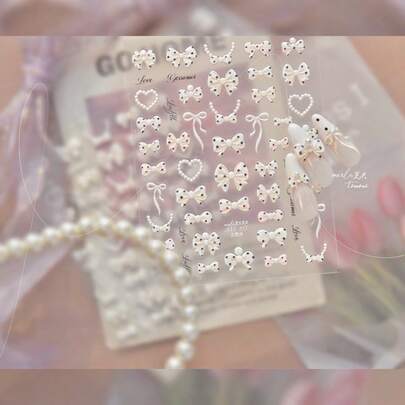 1pc Aurora Shell Light Bow Nail Stickers, Cream White Polka Dot Crystal Rhinestone Nail Decals, Self-Adhesive Nail Art Stickers For DIY Nails, Manicure Accessories