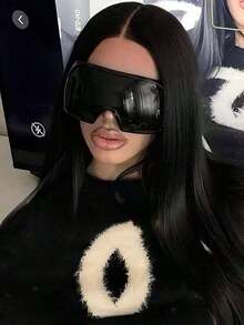 Oversized Futuristic Cyberpunk Style Fashion Fashion Glasses, Women's Stylish Glasses, Cool European & American College Vibe, Essential For Back To School, Wraparound Frame - màu đen - Xem 5