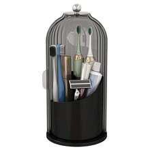 Portacepillos de dientes con tapa deslizante, organizador de baño giratorio de 3 ranuras para encimera, soporte para cepillo de dientes, pasta de dientes, organizador de encimera de baño, organizador de tocador para brochas de maquillaje - Soporte giratorio transparente negro para cepillos de dientes - Ver 1