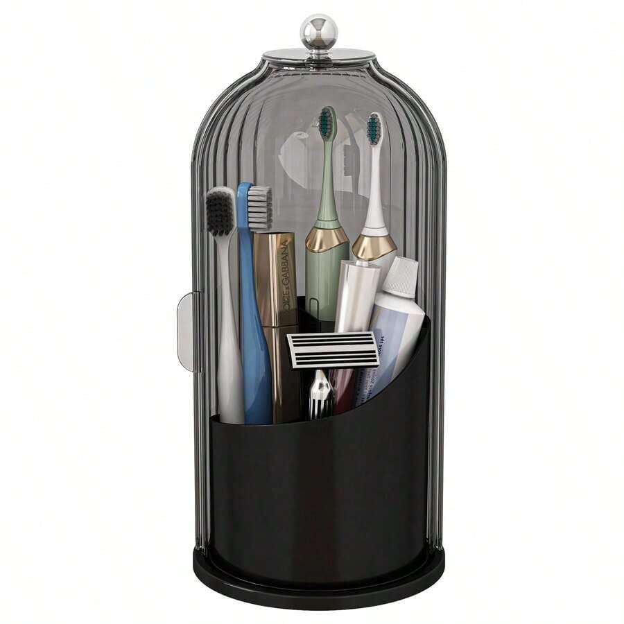 Portacepillos de dientes con tapa deslizante, organizador de baño giratorio de 3 ranuras para encimera, soporte para cepillo de dientes, pasta de dientes, organizador de encimera de baño, organizador de tocador para brochas de maquillaje - Soporte giratorio transparente negro para cepillos de dientes - Ver 1