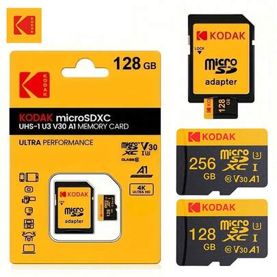 Kodak 柯达高速U3 Micro TF卡配备SD适配器，容量可选16GB、32GB、64GB、128GB和256GB。UHS-I提供高性价比，而UHS-II更适合4K/120fps高速TF存储，常用于手机/相机/运动相机等设备。