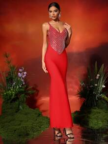 Love Aing Damen Sexy Rotes Abendkleid, mit offenem Rücken und schwerer Thermoplast-Strass-Verzierung, elegantes luxuriöses Abendkleid mit tiefem V-Ausschnitt, geeignet für Hochzeitsgäste, charmantes Sommer-Partykleid - Rot - View 8