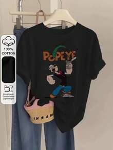 Women's Casual Loose Fit Round Neck Short Sleeve T-Shirt With Contrast Color Letter & Cartoon Print, Comfortable Fabric, Suitable For Spring/Summer, Daily Wear & School Black - Black - View 4