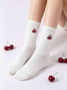 1双女士樱桃图案网眼透气中筒袜，可爱百搭 - 彩色 - 查看 4