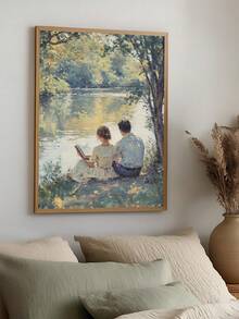 1幅浪漫河畔阅读画，印象派情侣油画，复古夏日艺术，文学主题墙饰，爱书人士礼物，复古天鹅湖艺术画，浪漫风景画，节日礼物，送给朋友的理想礼物，卧室艺术画，客厅装饰，办公室装饰，厨房装饰，浴室装饰，墙面艺术，墙面装饰，家居装饰，房间装饰，帆布墙画，海报，带框墙画，可选画框 - A - 查看 3