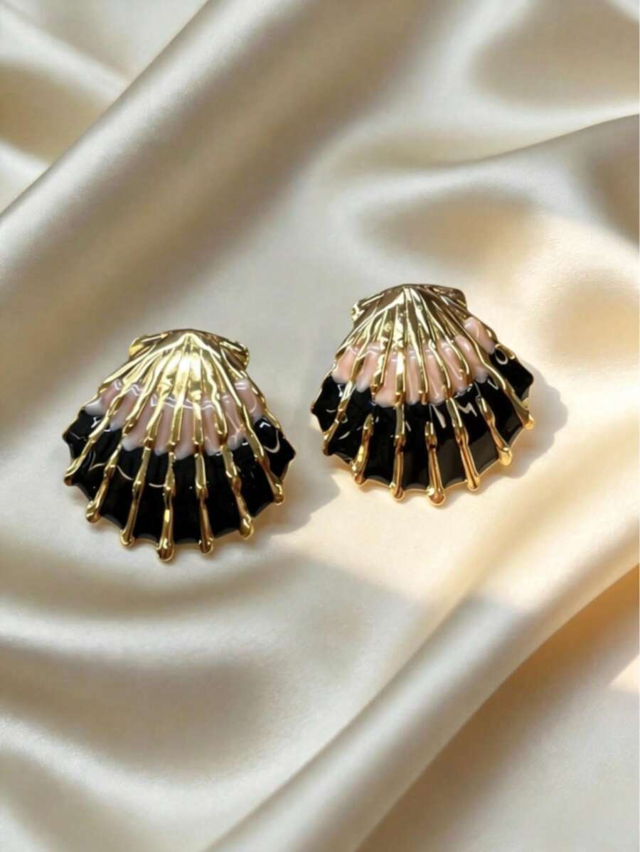 1 Pair Minimalist Black Pink Enamel Shell Earrings, Versatile Gold Plated Jewelry For Women, Great Mother's Day Gift For Office, Casual & Family Gathering