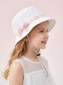 1pc Girls' Spring/Summer Korean Style Floral Bow Bucket Hat, Adjustable Brim, Foldable, Wide Brim Sun Protection, Minimalist Korean Style, Suitable For Outdoor Activities, Pink - 1PC - View 7