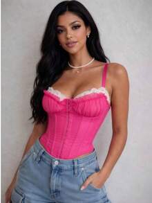 Women's Sexy Structured Lace Cropped Corset With Adjustable Straps And Reinforced Boning, Elegant Shaping Top, Fashion Party Night Outfit, Women's Tank Top - 玫紅色 - 查看 3