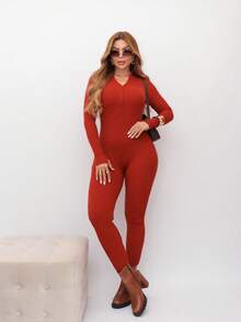 Virginia Ribbed Jumpsuit Tricot Modal With Zipper On The Front Great Quality Women's Jumpsuit Long Sleeve Fashion Style - RUST - View 6
