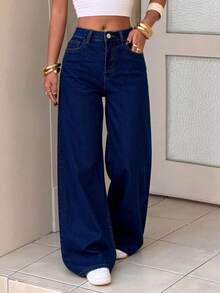 Pantalones de mezclilla rectos lavado, elásticos, efecto levantador de glúteos, control abdominal y caída amplia - Azul profundo - Ver 3
