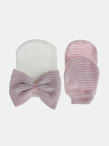 1 Bộ Mũ + Găng tay cho bé sơ sinh, 0-3 tháng tuổi, chất liệu co giãn cao, có nơ trang trí, thoáng khí, thích hợp dùng trong bệnh viện. - Sọc hồng và trắng - Xem 3