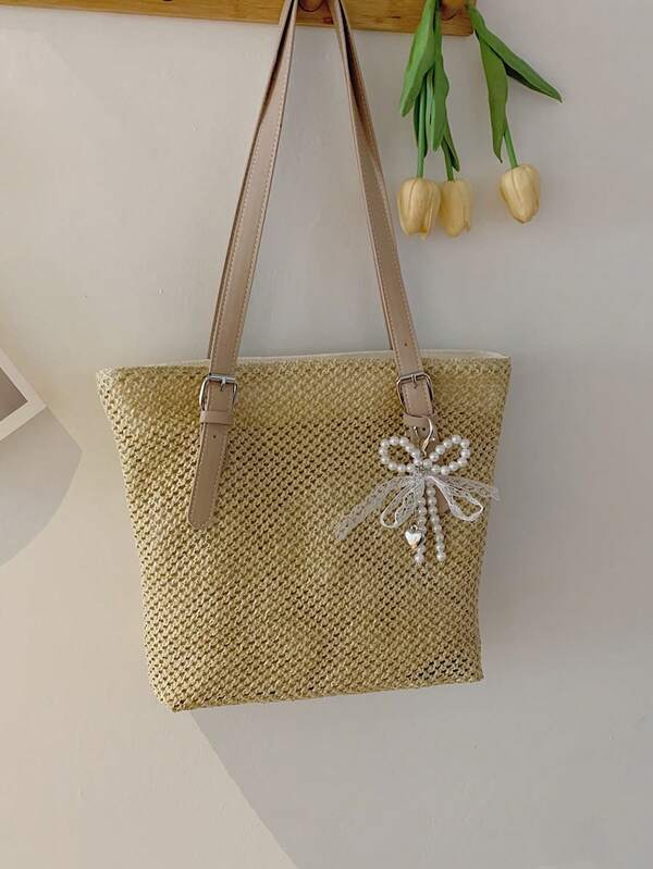 Minimalist Sweet Straw Large Tote Bag, New Fashion Underarm Woven Beach Bag For Women