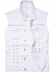 Men's Denim Vest Sleeveless Slim Fit Vintage Ripped Casual Denim Vest - White Rivets - View 12