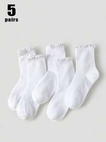 5 Pairs Women White Striped Ruffle Y2K Style Socks, Minimalist & Fashionable, Suitable For Daily/Casual/Outing/Travel Wear - White - View 11