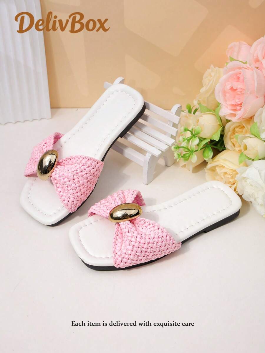 1 Pair Girls' White Woven Metal Buckle Slide Sandals, Sweet Princess Style For Summer - Pink - View 1