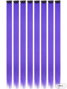 WIGGAGA Rainbow Hair Extensions Ss Style Inspo Woman Vacation Outfits Valentine's Day Summer Outfits Summer 5pcs Synthetic Long Straight Hair Extensions With Clips Heat Resistant Straight Hair Extensions Y2K Highlight Hanging Ear Dye Wig Pieces - Violet Purple - View 2