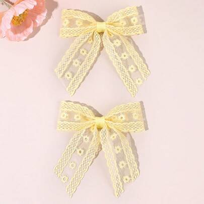 2个黄色蕾丝发夹，适合女孩佩戴，粉彩色刺绣花朵发夹，适合春夏优雅婚礼派对，仙女发夹，婴儿发饰。