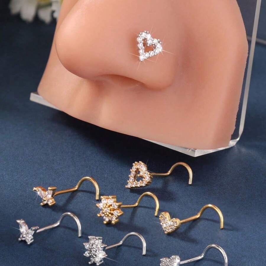 4PCS Heart & Butterfly Shape Nose Screw Stud Set – 20G CZ Nose Piercing Jewelry For Women Pin Nostril Piercing - Nhiều màu - Xem 1