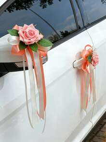 Custom European Style Wedding Car Flower Bow, Rearview Mirror Flower Decoration, Wedding Decor, Car Door Handle Ribbon, Artificial Flowers, Car Convoy Towing Flowers - Multicolor - View 6