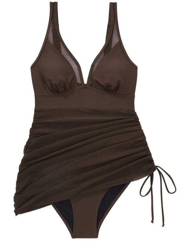 OMKAGI 2026 Women's Fashion Sexy Deep V Neck One-Piece Swimsuit Leopard Print Side Tie Design Suitable For Summer Vacation Beach Solid Drawstring Swimdress Female  Beach Bathing Suit