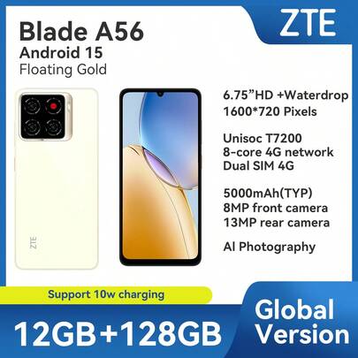  Zte,Smartphone,A56,Unlocked,Android 15.(4GB RAM+8GB Fusion)+128GB ROM,5000mAh Battery,Dual SIM 4G,90Hz,NFC Is Supported,4G LTE,Global Version