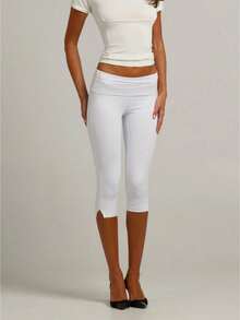 Women Fold Over Capri Pants Low Rise Knee Length Stretch Yoga Leggings Y2k Going Out Crop Pant Streewear - White - View 4